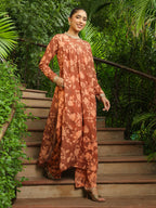 Janasya Brown Georgette Floral Kurta, Bottom & Inner | Grocsy