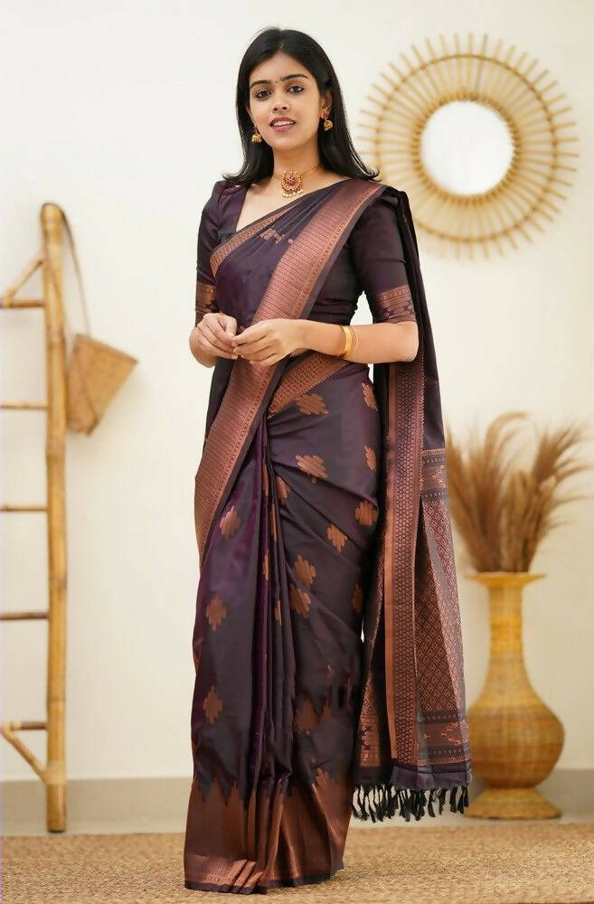 DEIANA'S Beautiful Designer Golden zari Soft Lichi Silk Saree - Wine | Grocsy