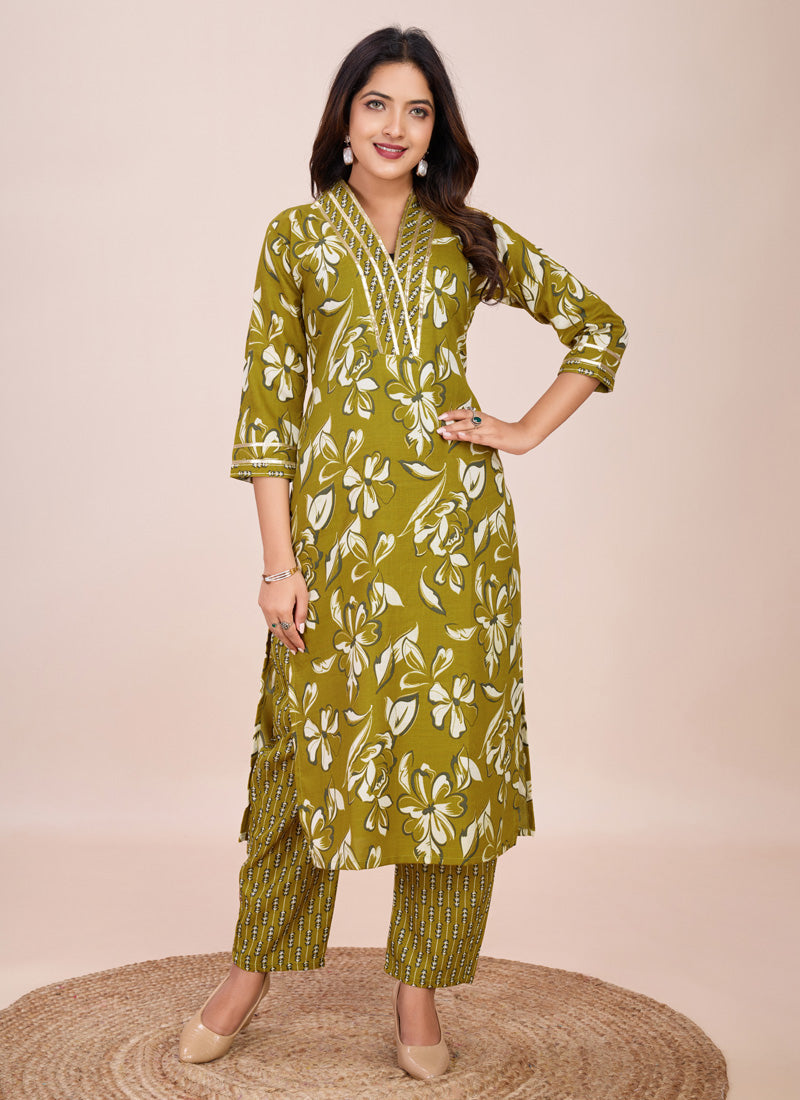 Prazu Fashion Mahendi Printed Cotton Blend Kurta Pant Set | Grocsy