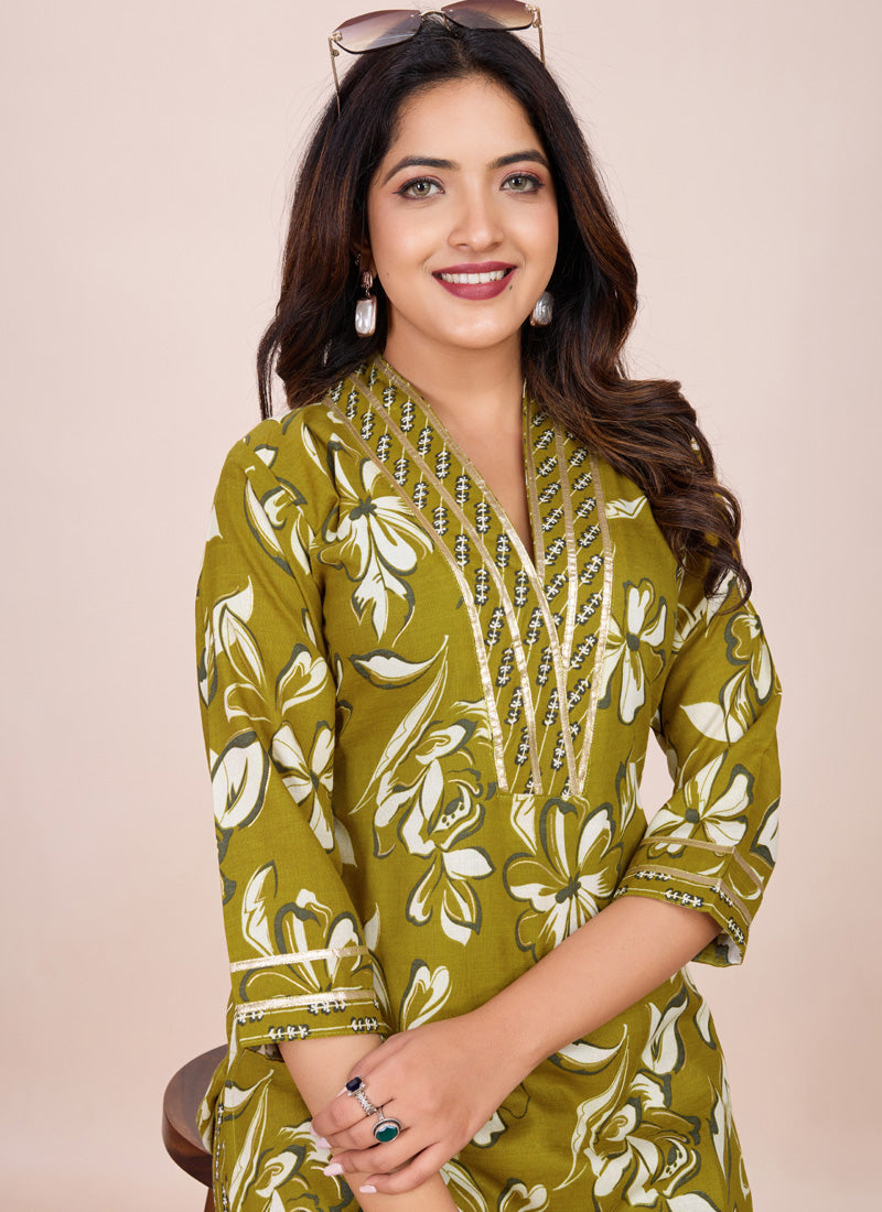 Prazu Fashion Mahendi Printed Cotton Blend Kurta Pant Set | Grocsy