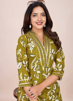 Prazu Fashion Mahendi Printed Cotton Blend Kurta Pant Set | Grocsy