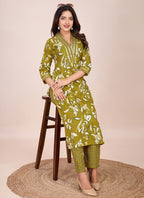 Prazu Fashion Mahendi Printed Cotton Blend Kurta Pant Set | Grocsy