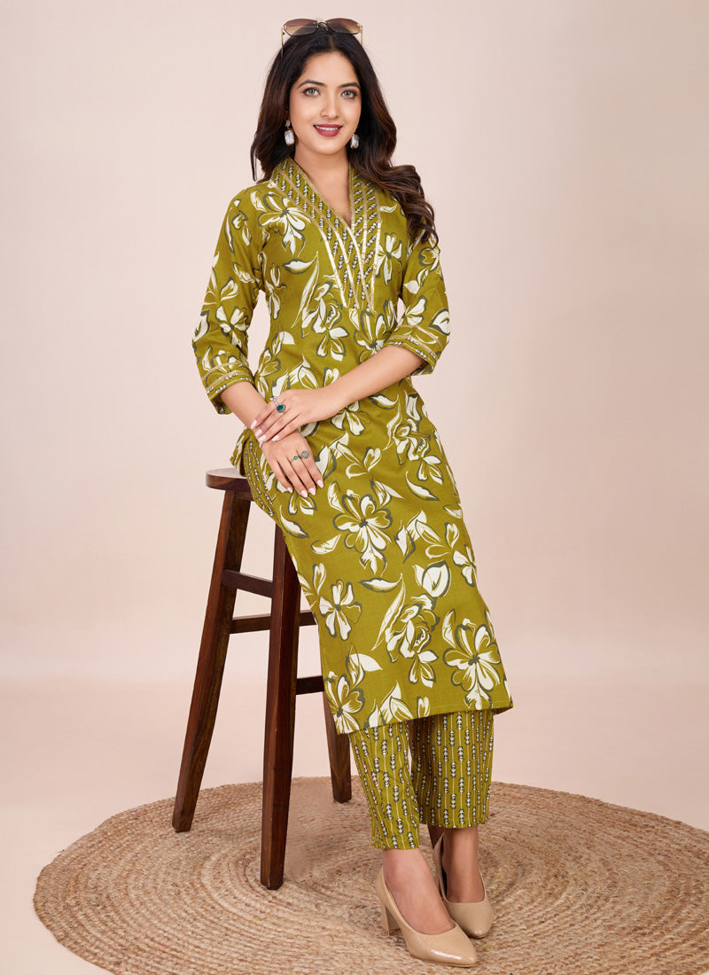 Prazu Fashion Mahendi Printed Cotton Blend Kurta Pant Set | Grocsy