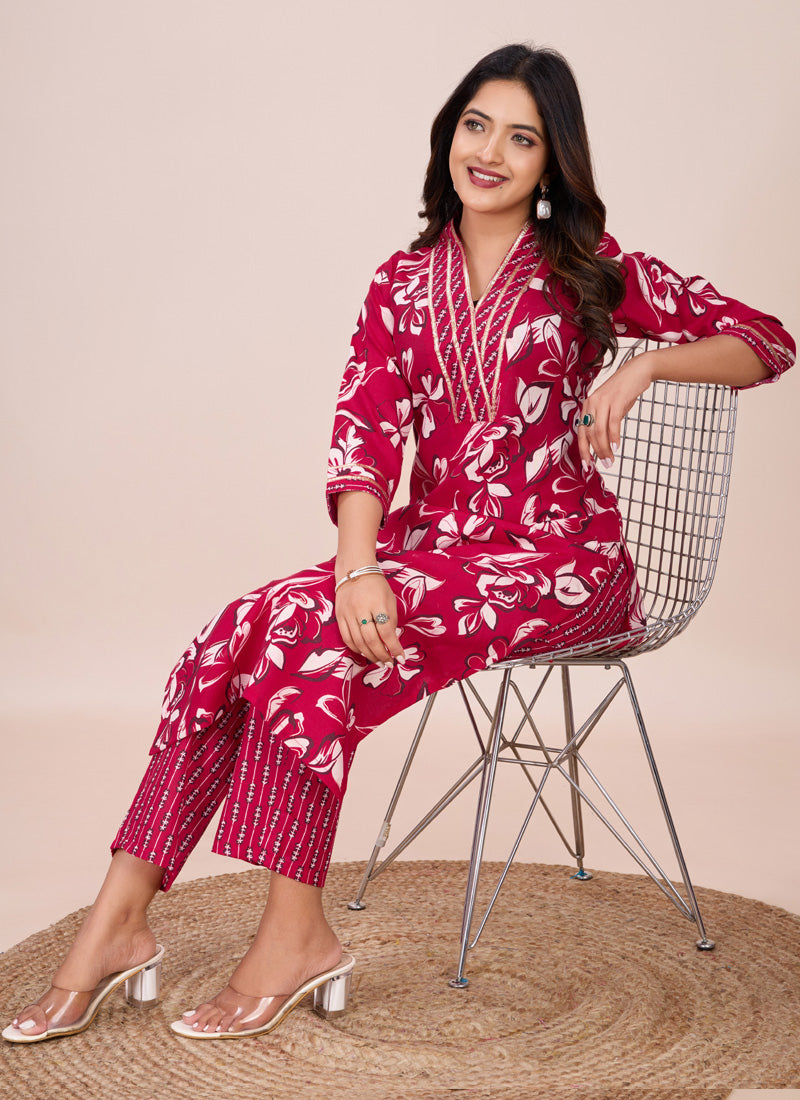 Prazu Fashion Pink Printed Cotton Blend Kurta Pant Set | Grocsy