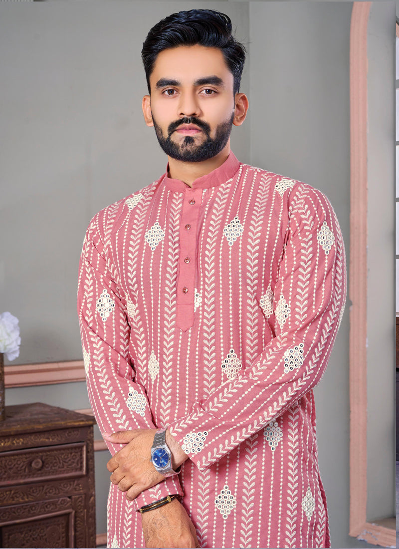 Prazu Fashion Baby Pink Linen Embroidered Kurta | Grocsy