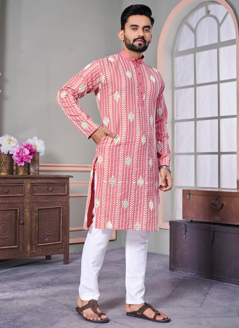 Prazu Fashion Baby Pink Linen Embroidered Kurta | Grocsy