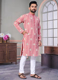 Prazu Fashion Baby Pink Linen Embroidered Kurta | Grocsy