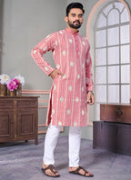 Prazu Fashion Baby Pink Linen Embroidered Kurta | Grocsy