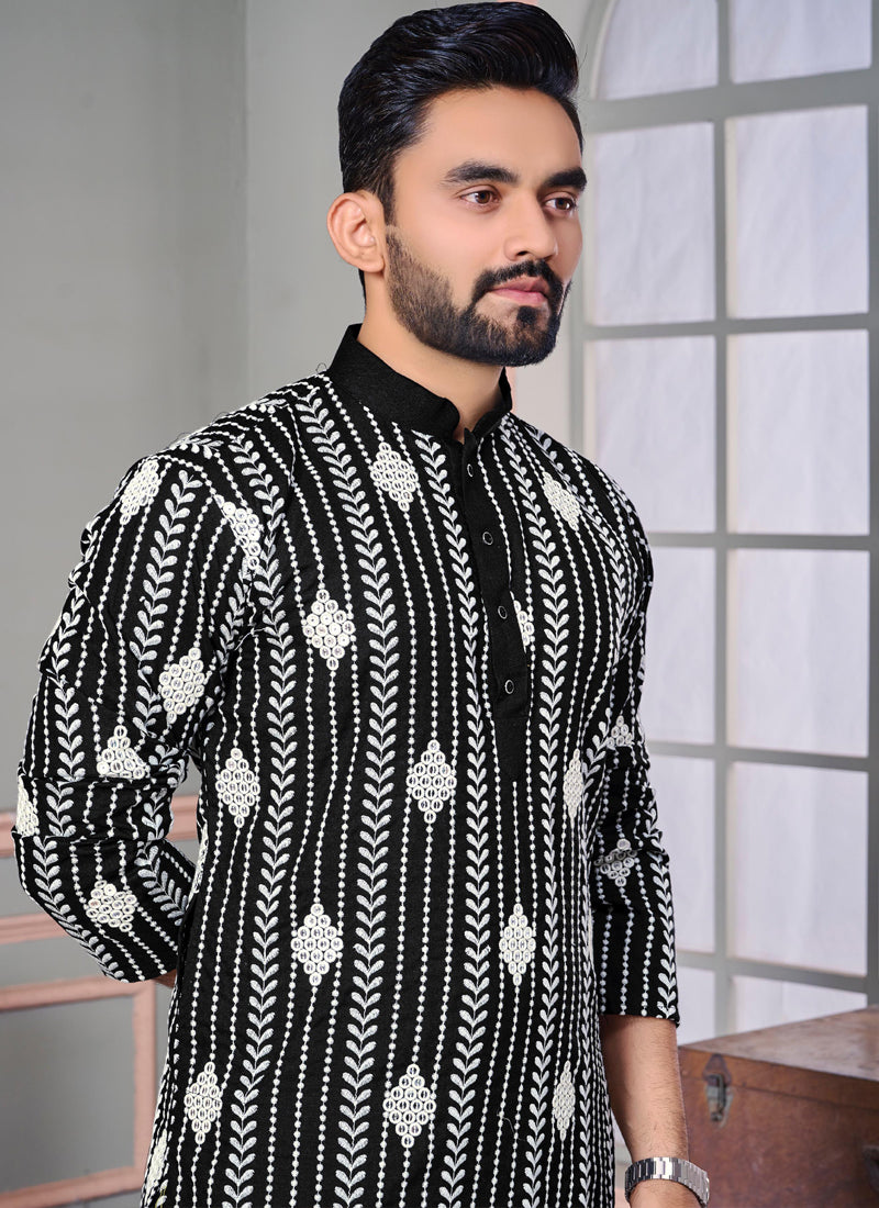 Prazu Fashion Black Linen Embroidered Kurta | Grocsy