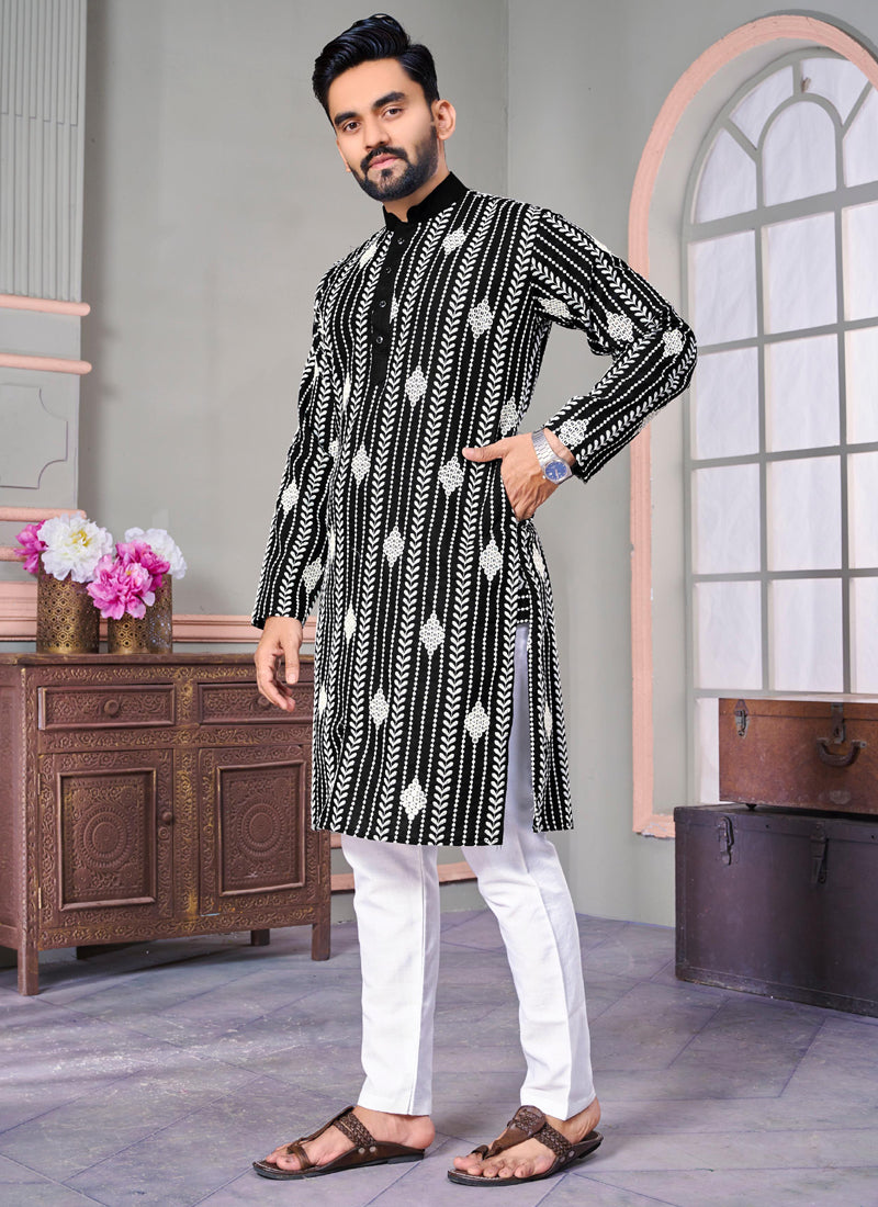 Prazu Fashion Black Linen Embroidered Kurta | Grocsy