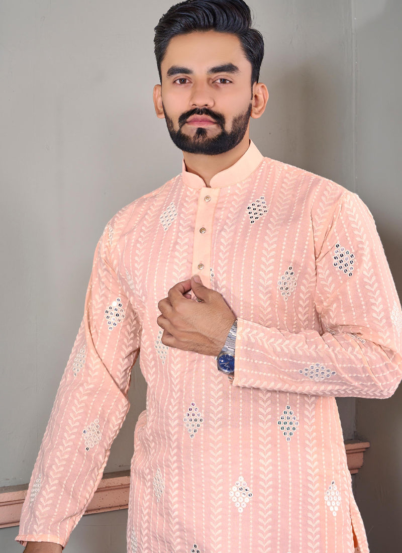 Prazu Fashion Light Peach Linen Embroidered Kurta | Grocsy