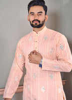 Prazu Fashion Light Peach Linen Embroidered Kurta | Grocsy