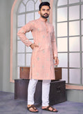 Prazu Fashion Light Peach Linen Embroidered Kurta | Grocsy