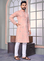 Prazu Fashion Light Peach Linen Embroidered Kurta | Grocsy