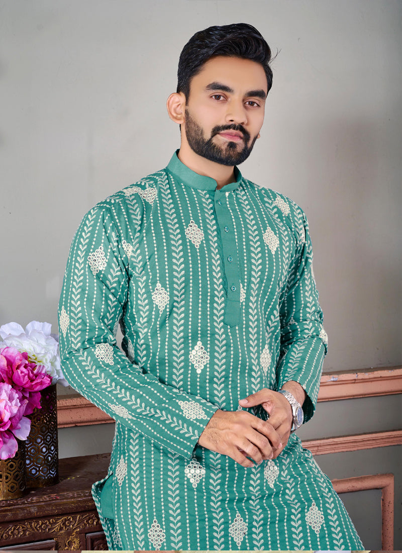 Prazu Fashion See Green Linen Embroidered Kurta | Grocsy