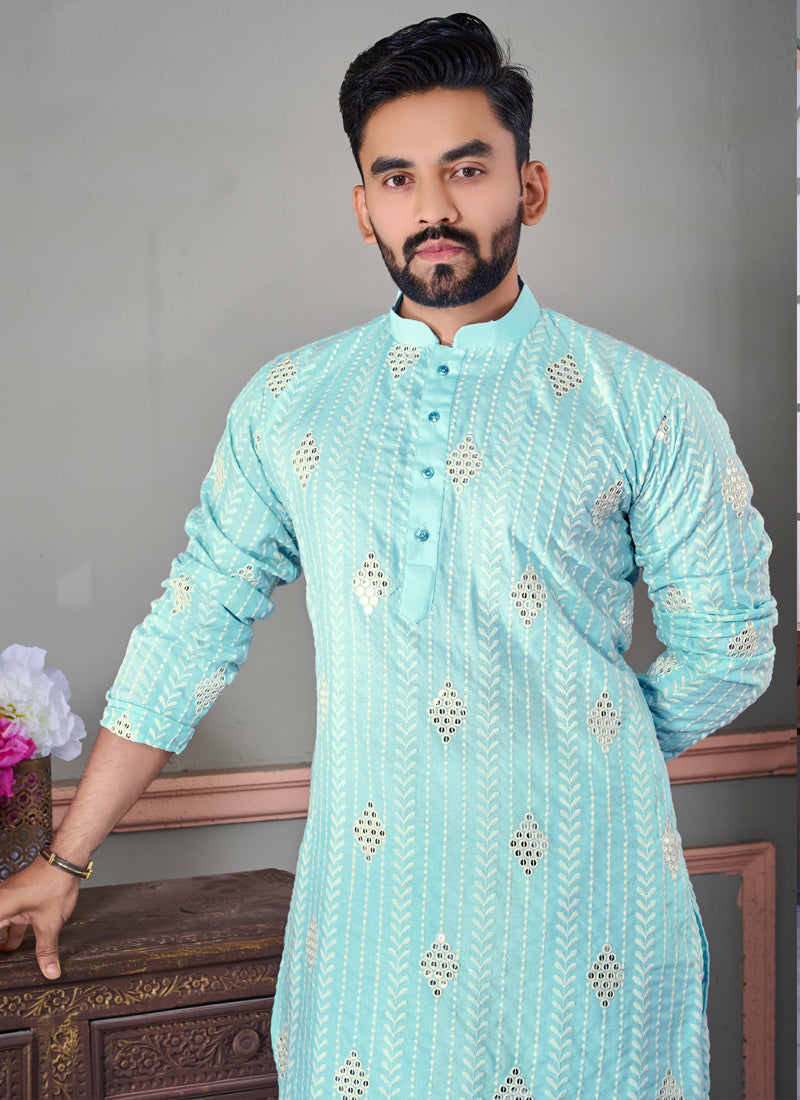 Prazu Fashion Sky Blue Linen Embroidered Kurta | Grocsy