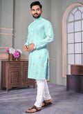 Prazu Fashion Sky Blue Linen Embroidered Kurta | Grocsy