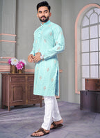 Prazu Fashion Sky Blue Linen Embroidered Kurta | Grocsy