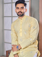 Prazu Fashion Yellow Linen Embroidered Kurta | Grocsy