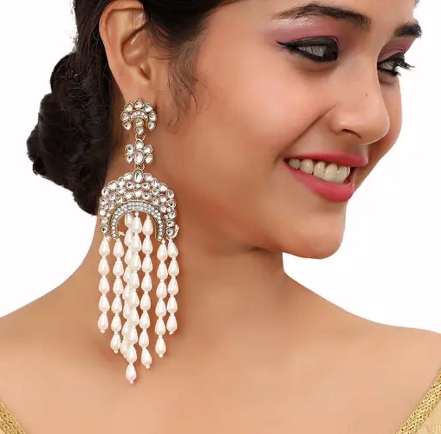 Jewel City Elegant Kundan Pearl Waterfall Earrings - Bridal Chandelier Earrings for Wedding & Festive Occasions | Grocsy