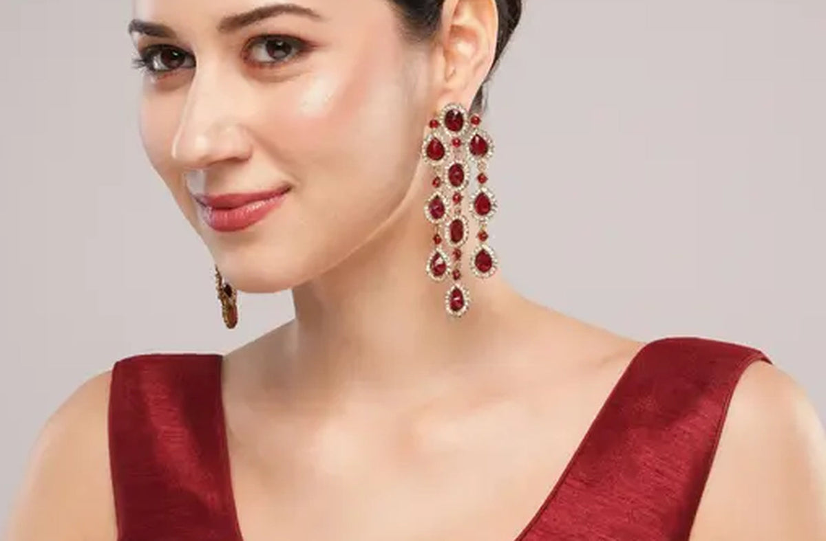 Jewel City Luxurious Ruby Cascade Earrings - Crystal-Embellished Statement Earrings for Wedding & Festival Glamour | Grocsy