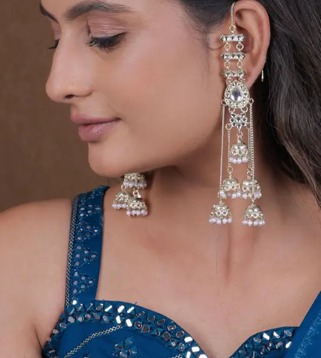 Jewel City Silver Kashmiri Jhumka Earrings - Traditional Pearl Drop Chandelier Earrings for Wedding & Festival Wear | Grocsy