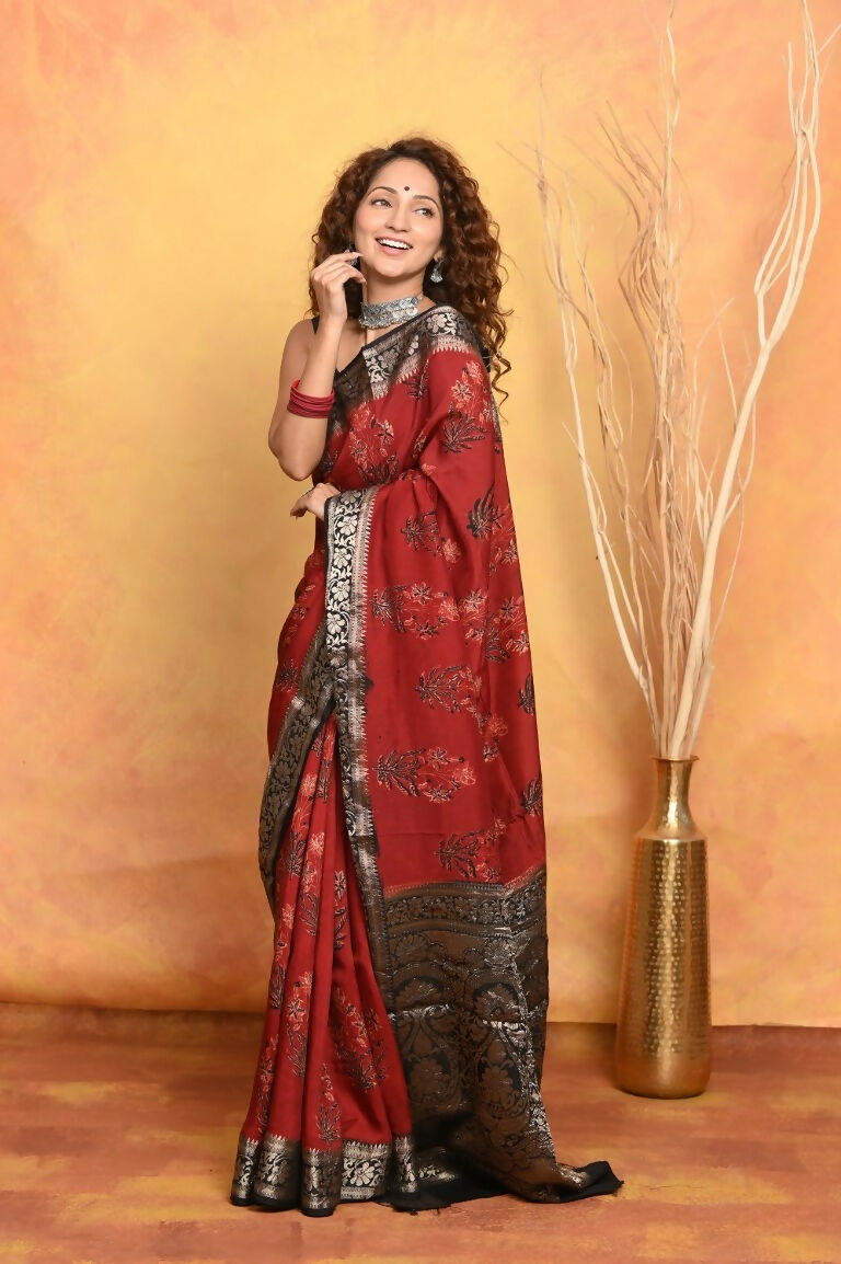 Very Much Indian Modal Silk Ajrakh Handblock Printed Natural Dyes With Designer Border Saree - Red | Grocsy
