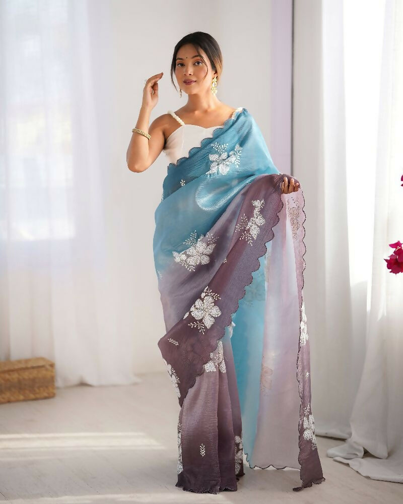Sky Blue and Grey Crunchy Crush Pedding Color Embroidery Work Party Wear Saree - Zuleika | Grocsy