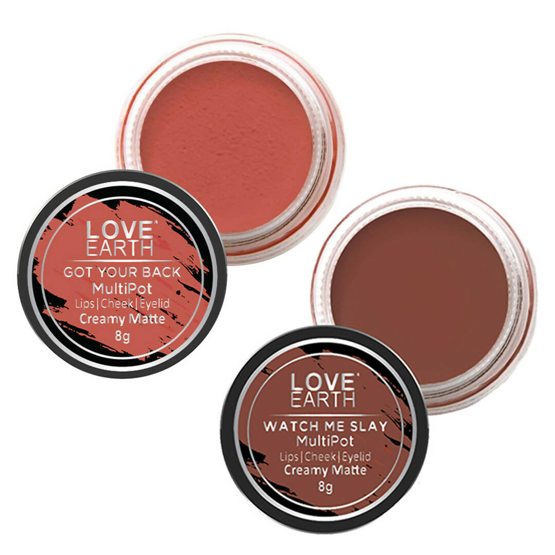 Love Earth Lip Tint & Cheek Tint Multipot Combo (Coral & Caramel Brown) | Grocsy