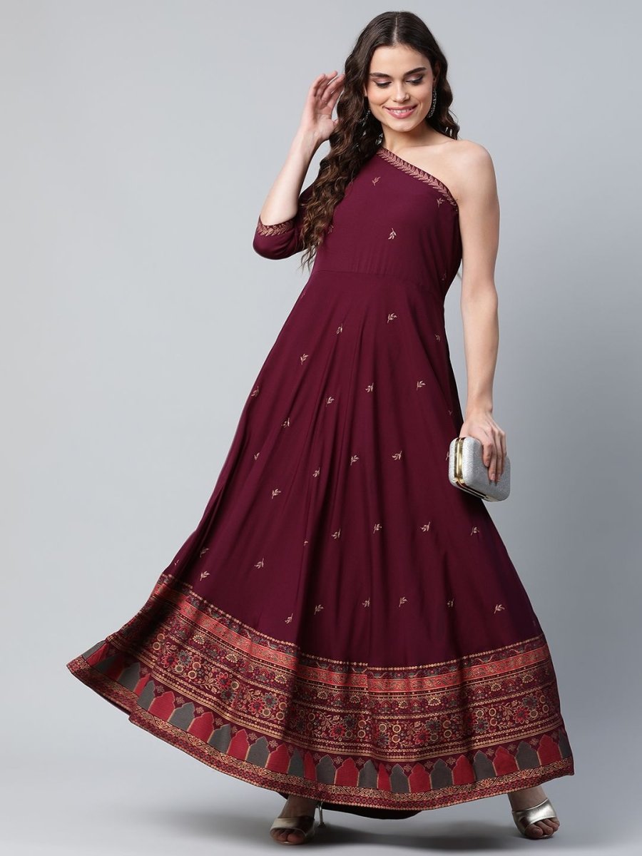 Ahalyaa Women Burgundy & Gold-Toned Ethnic Motifs One Shoulder Ethnic Maxi Dress | Grocsy