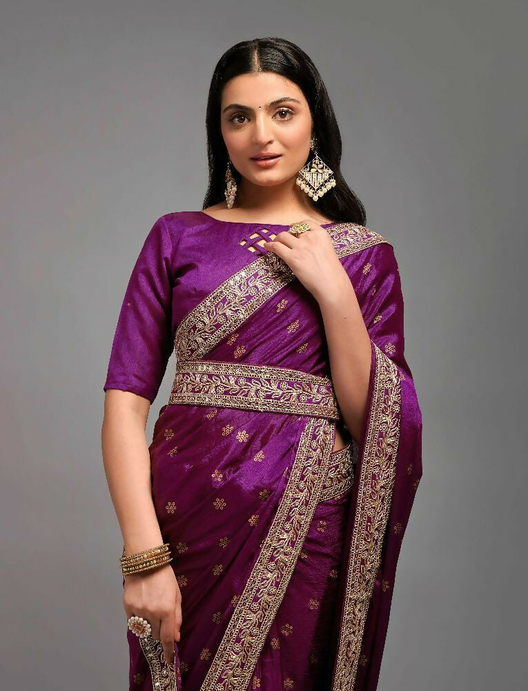 PR Fashion Wine Chinon Embroidery Lace Saree | Grocsy