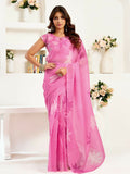 Joban Fashion Pink Floral Linen Ready To Wear Saree With Unstitched Blouse | Grocsy