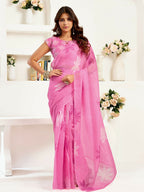 Joban Fashion Pink Floral Linen Ready To Wear Saree With Unstitched Blouse | Grocsy