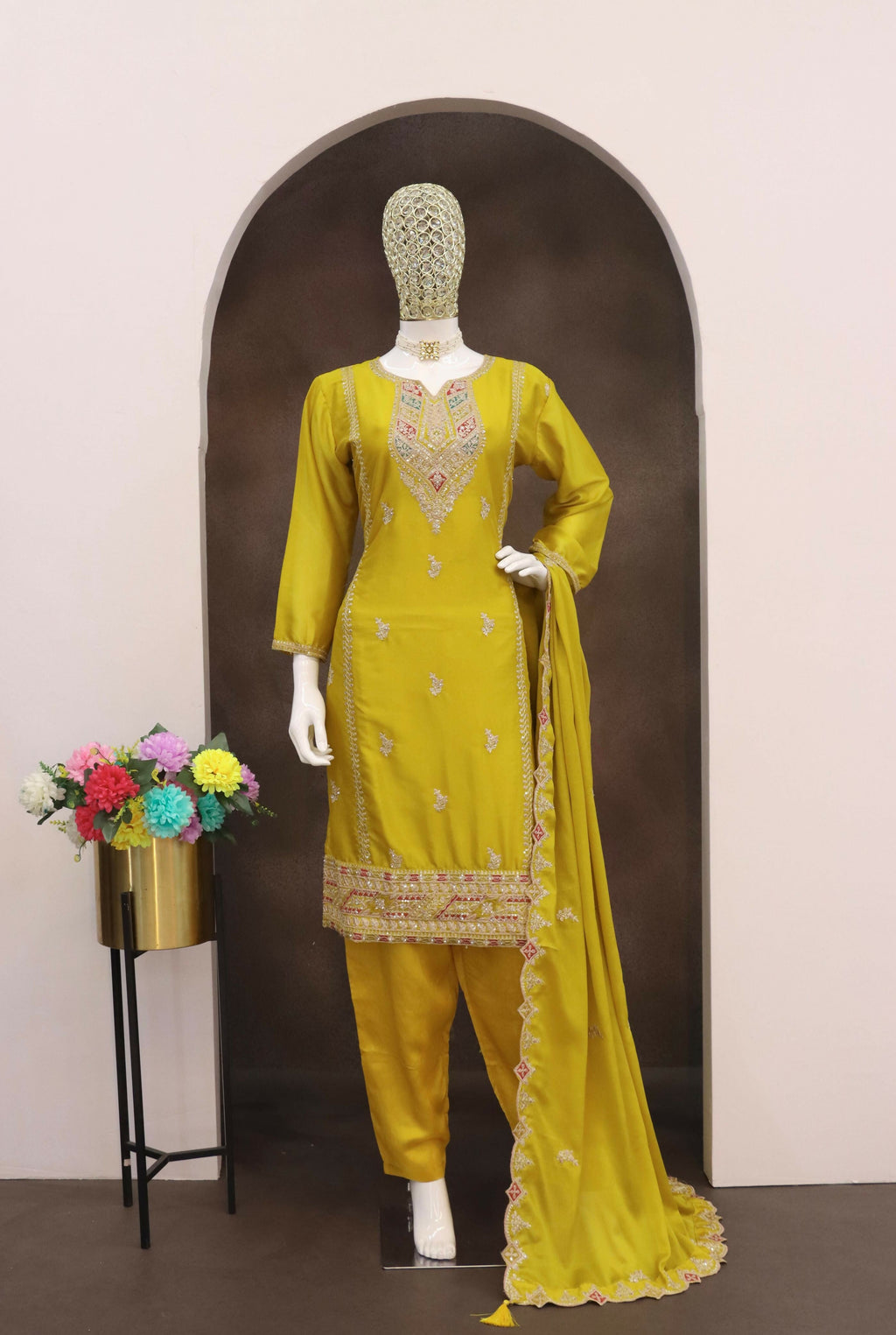 Anaita Yellow Heavy Chinon Readymade Suit with Embroidery & Sequence Work | Grocsy