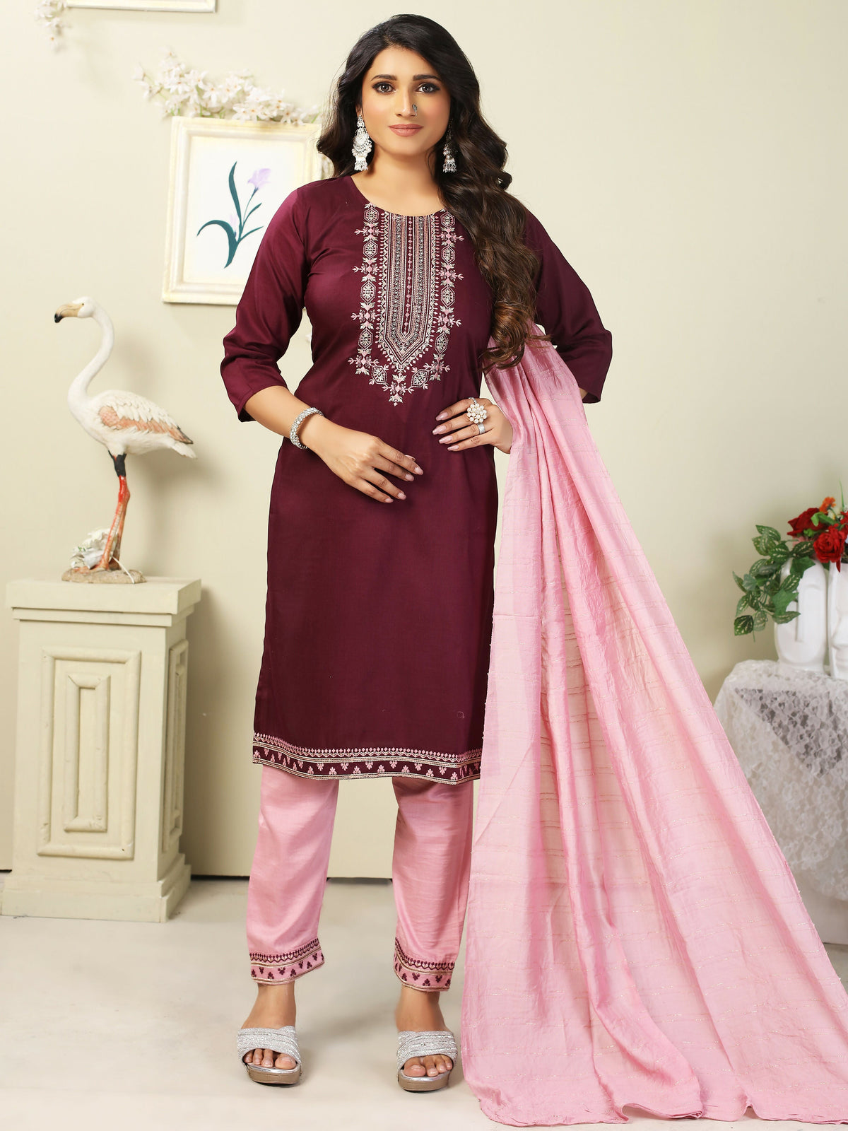 Vamika Chinon Embroidery Mahroon Party Wear/Casual Wear/Office Wear Kurta Set/Suit | Grocsy