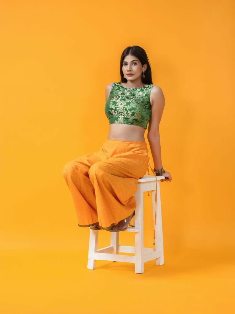 Amodini Designer Studio Women's Banarsi Brocade Sleeveless Green Blouse | Grocsy
