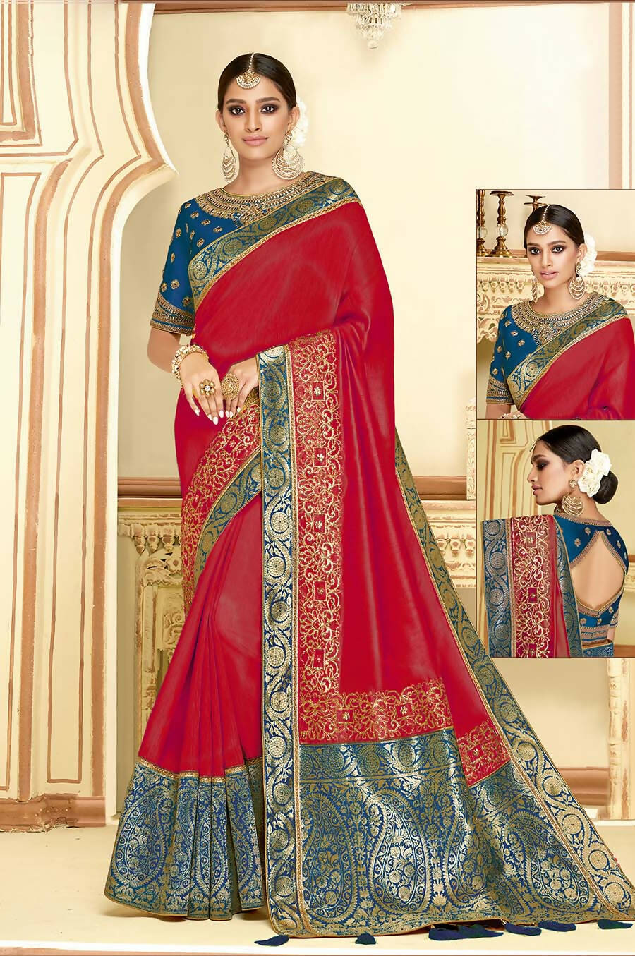 Red Satin Silk Zari Embroidery, Laser Cut Borders, Tassels Saree - Norita Alankrita | Grocsy