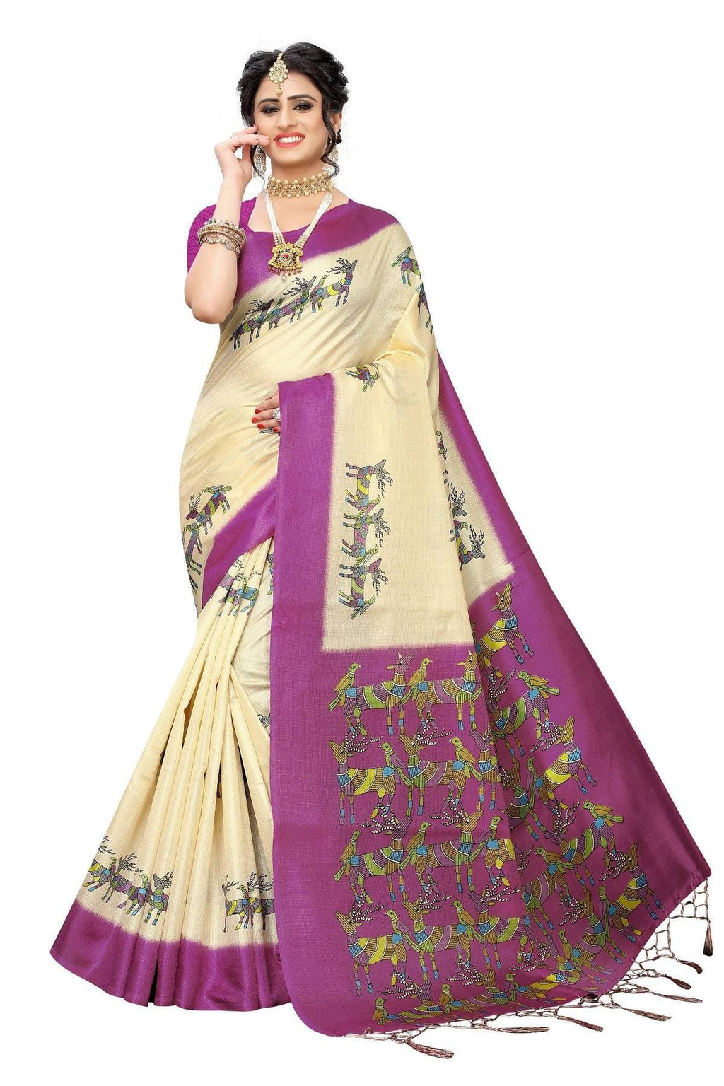 Vamika Multicolor & Wine Red Kalamkari With Jhalar Khadi Silk Saree | Grocsy