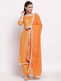 Myshka Women's Orange Cotton Printed 3/4 Sleeve Round Neck Casual Kurta Pant Dupatta Set | Grocsy
