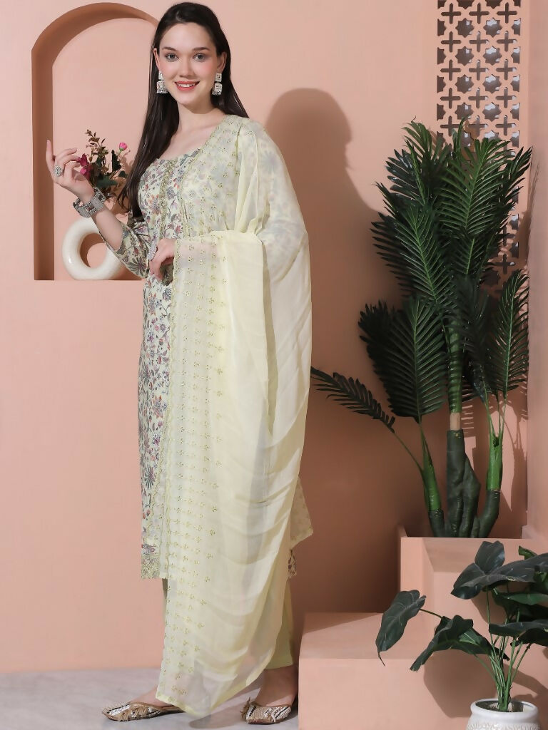 Jyoti Fashion Women's Green Cotton Floral Digital Printed Kurta with Trouser & Dupatta | Grocsy