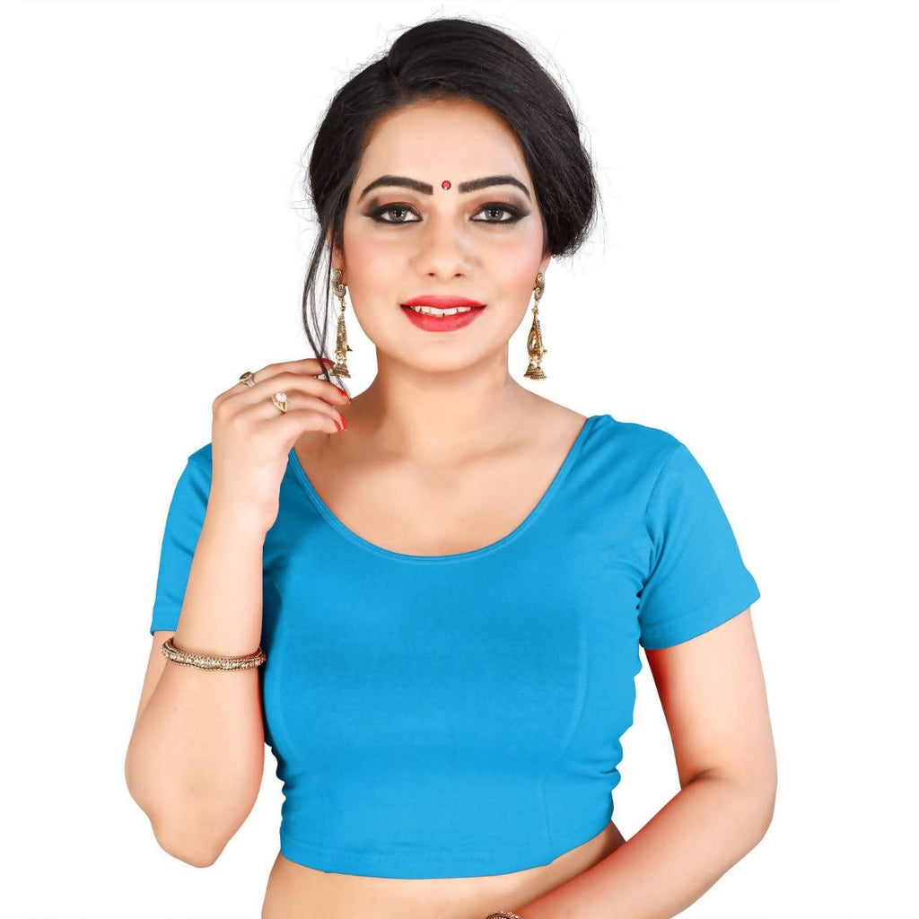 Vamika Sky Blue Lycra Plain Blouse | Grocsy