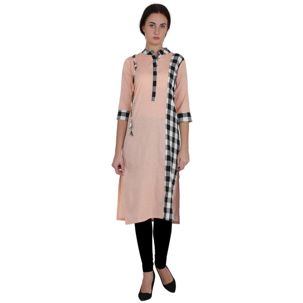 Kanoor Women's Peach Cotton Straight Kurti | Grocsy
