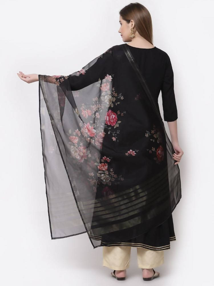 Myshka Black Color Rayon Embroidered 3/4 Sleeve Kurta With Dupatta Set | Grocsy