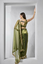 Green Gold Tissue Net Solid & Gold Cotted Saree - Samaa | Grocsy