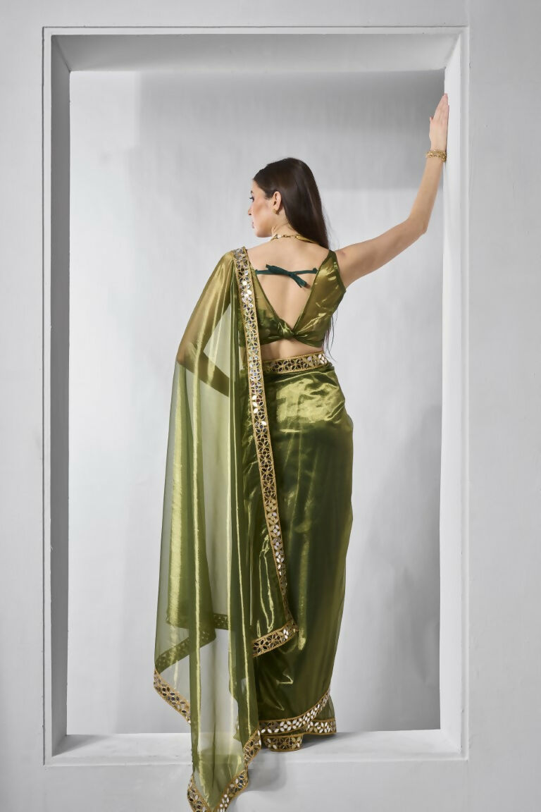 Green Gold Tissue Net Solid & Gold Cotted Saree - Samaa | Grocsy
