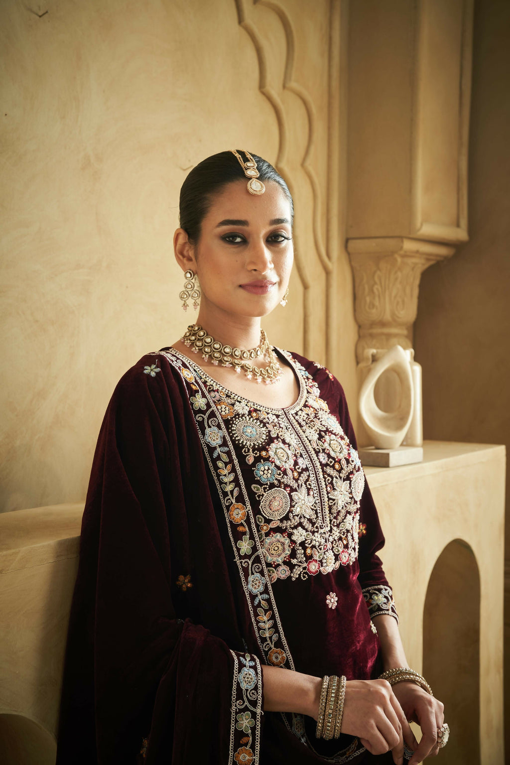 Anaita Purple Embroidered Work Velvet Stitched Plazo Suit | Grocsy