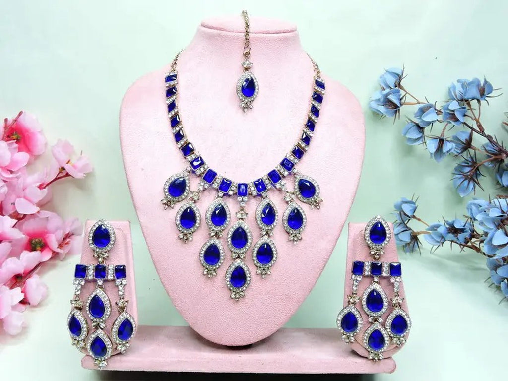 Jewel City Teardrop Bridal Necklace Set with Earrings & Maang Tikka - Ethnic Wedding Jewelry for Brides & Parties | Grocsy