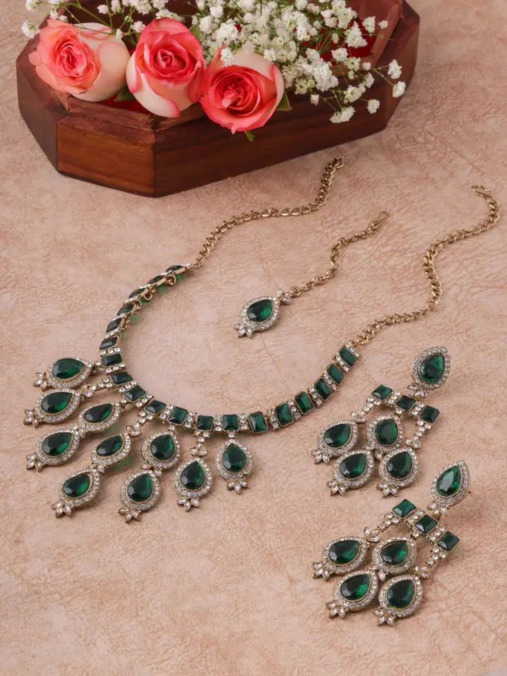Jewel City Teardrop Bridal Necklace Set with Earrings & Maang Tikka - Ethnic Wedding Jewelry for Brides & Parties | Grocsy