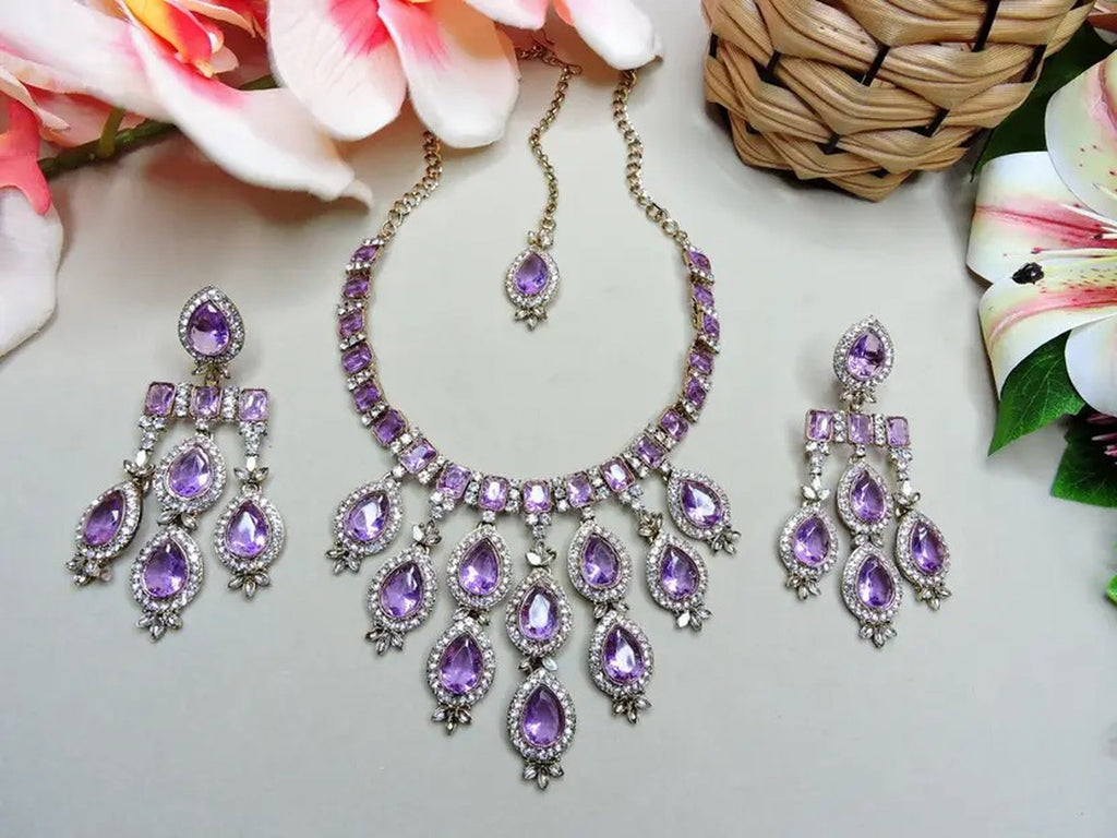 Jewel City Teardrop Bridal Necklace Set with Earrings & Maang Tikka - Ethnic Wedding Jewelry for Brides & Parties | Grocsy