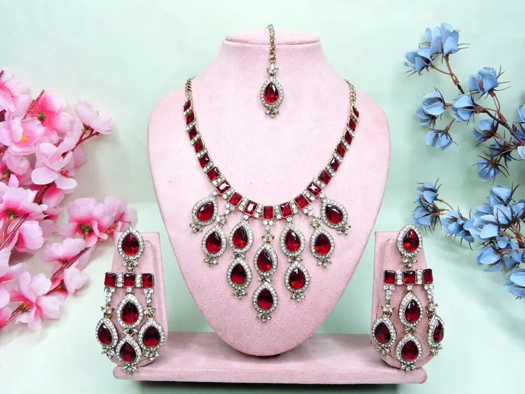 Jewel City Teardrop Bridal Necklace Set with Earrings & Maang Tikka - Ethnic Wedding Jewelry for Brides & Parties | Grocsy
